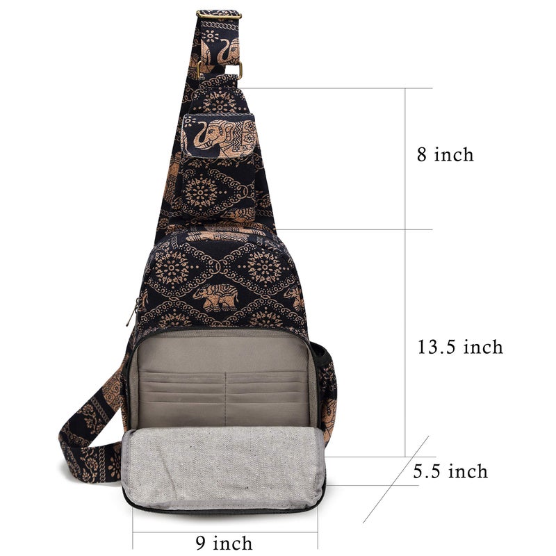 Coton Pose Women sling bag Elephant canvas large boho backpacks bohemian Crossbody bag (Black) - Image 5